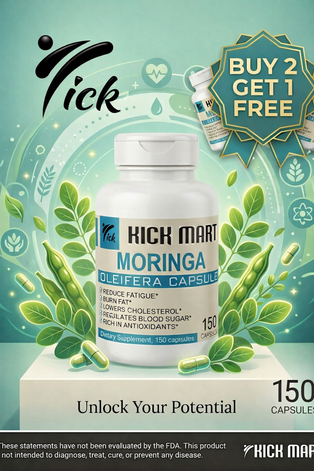 Kickmart Moringa Capsules – Buy 2 Get 1 Free | 450 Capsules Mega Value Pack