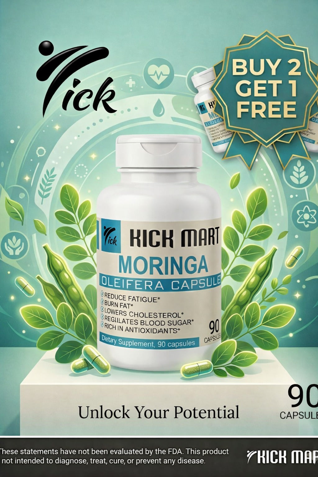 Kickmart Moringa Capsules – Buy 2 Get 1 Free | 270 Capsules Family Value Pack