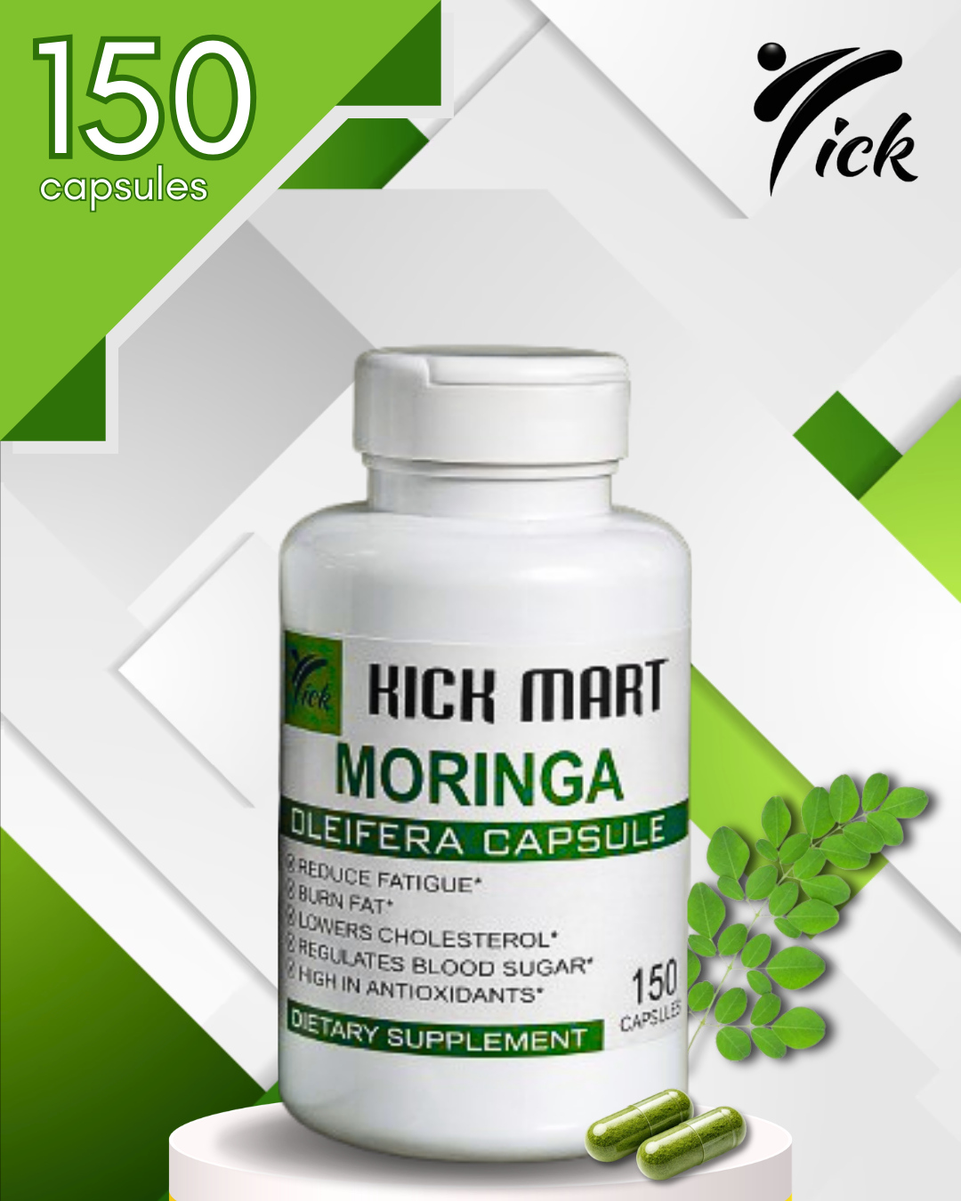 Kickmart Moringa Capsules 150 Count – Premium Herbal Wellness Supplement